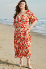 Orange Floral V Neck Flutter Sleeve Cinched Waist Long Plus Size Dress