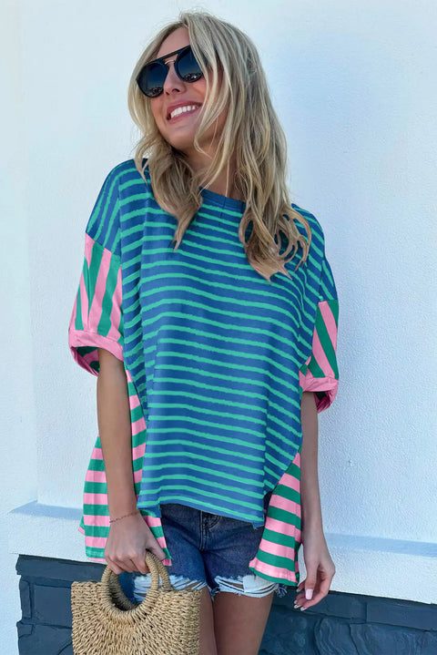 Blue Stripe Colorblock Patchwork Baggy T Shirt