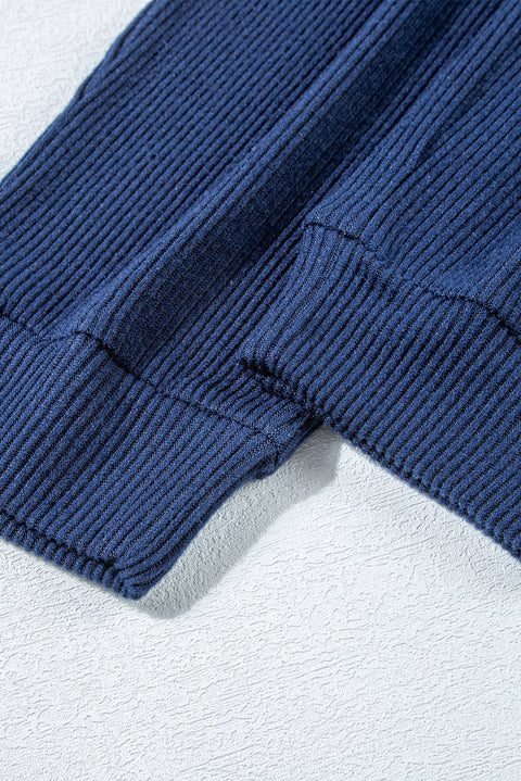 Navy Blue Ribbed Knit Cropped Hoodie and Drawstring Joggers Set