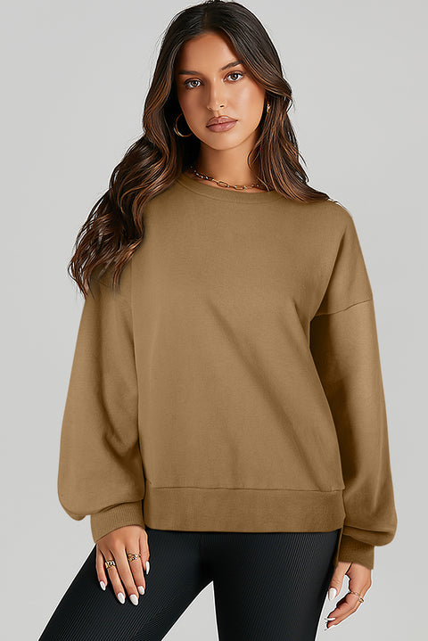 Brown Solid O Neck High Low Hem Pullover Sweatshirt