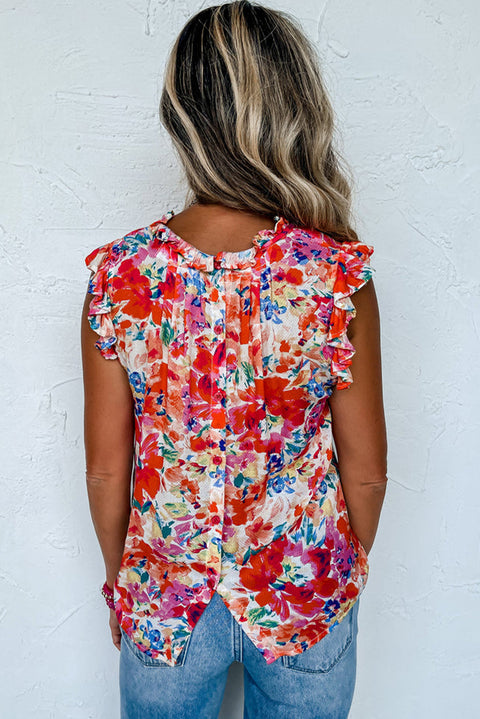 Red Frilled Neck Pleated Boho Floral Tank Top