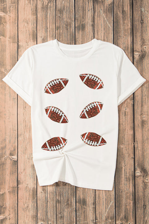 White Sequined Rugby Graphic Cotton T Shirt