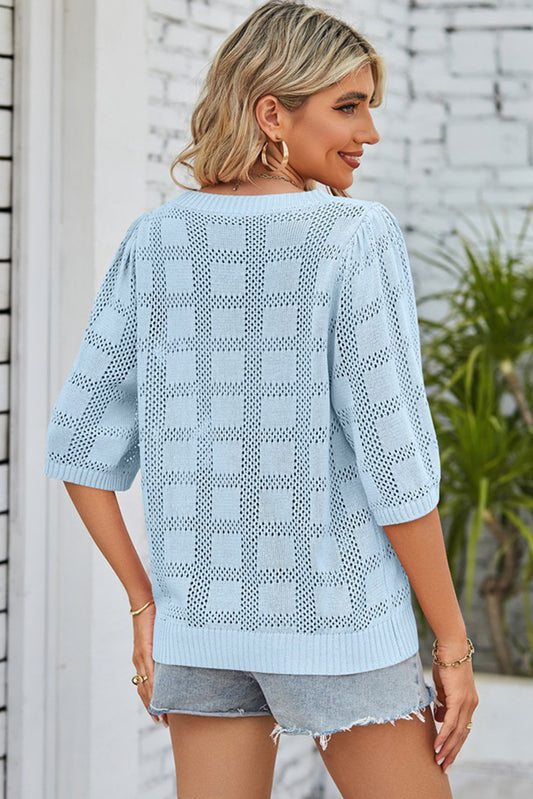 Myosotis Eyelet Checker Knit Half Sleeve Top