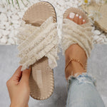 Beige Bohemian Cross Criss Tassel Slippers