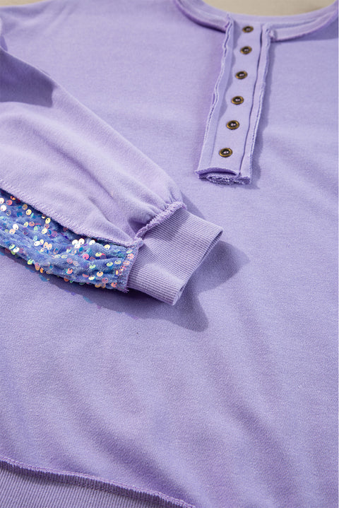 Lilac Sequin Patchwork High Low Hem Henley Sweatshirt