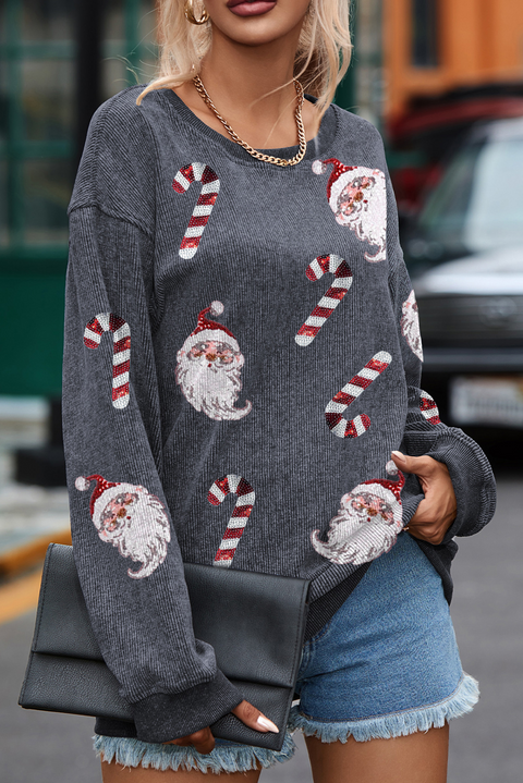 Gray Father Christmas Candy Cane Sequin Patched Baggy Sweatshirt