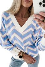 Sky Blue Zigzag Striped Print V Neck Oversized Top