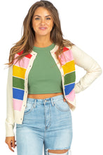 White Stripe Colorful Pattern Button Front Sweater Cardigan