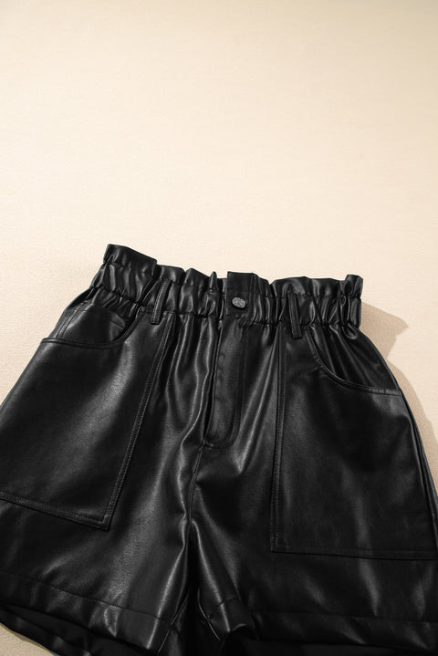 Black Faux Leather Paper Bag Waist High Rise Shorts