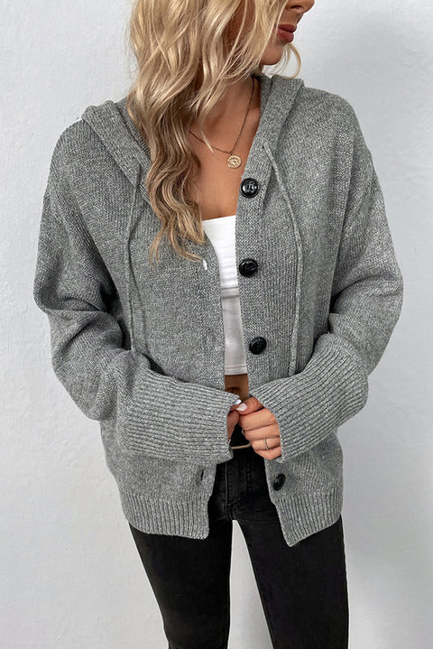 Medium Grey Drawstring Hooded Button Up Drop Shoulder Sweater Cardigan