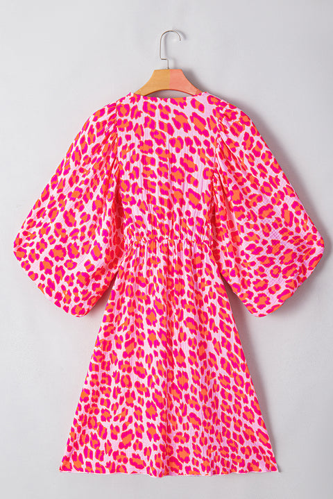 Pink Leopard Print Elasticated V Neck 3/4 Puff Sleeve Dress