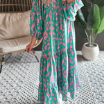 Green Abstract Print Puff Sleeve Tied Notched Neck Long Dress