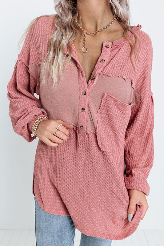 Pink Frayed Patchwork Waffle Knit Top