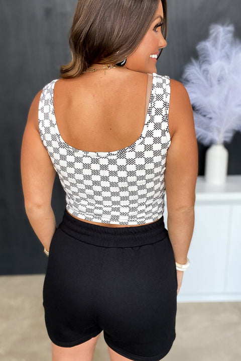 Black Checkered Print U Neck Cropped Tank Top