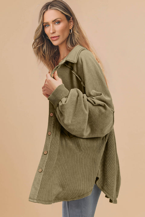 Moss Green Waffle Knit Patchwork Exposed Seam Loose Shacket