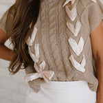 Simply Taupe Cable Knit Colorblock Satin Bowknot Short Sleeve Sweater