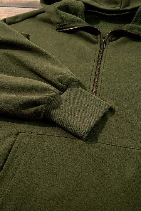 Moss Green Fleece Lined Half Zipper Kangaroo Pockets Loose Hoodie