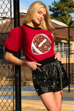 Red Sequin Rugby Color Block Puff Short Sleeve Sweater