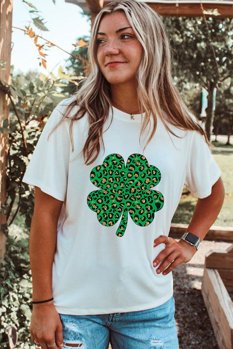 White Leopard Four Leaf Clover Graphic Tee