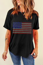 Black Rhinestone American Flag Round Neck Casual Tee