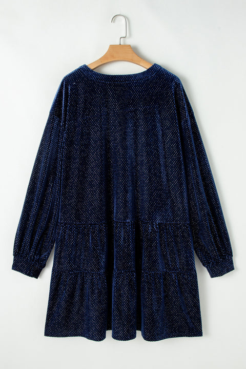 Navy Blue Plus Size Textured Velvet Tiered Button V Neck Dress