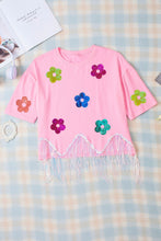 Pink Sequined Flower Tasseled Crew Neck Graphic Tee