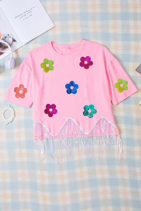 Pink Sequined Flower Tasseled Crew Neck Graphic Tee