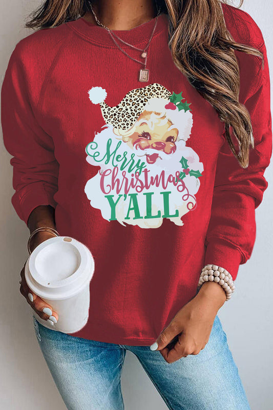 Red Merry Christmas Y'all Santa Claus Print Pullover Sweatshirt