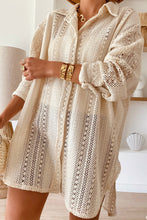 Beige Lace Crochet Collared Tunic Oversized Shirt