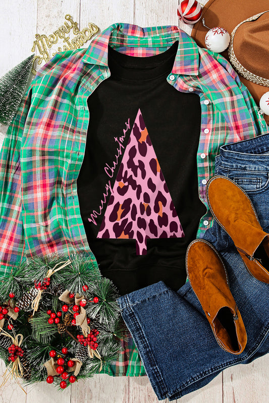 Sudadera con estampado de árbol de Navidad de leopardo negro