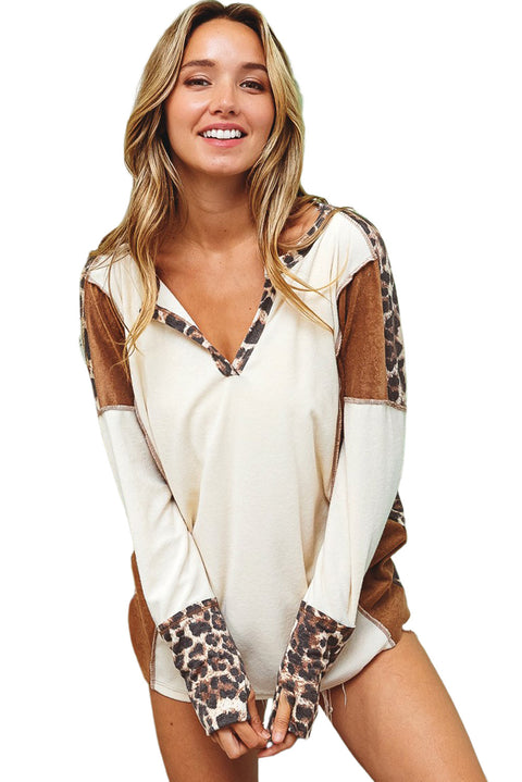 White Leopard Color Block Patchwork Split Neck Long Sleeve Top