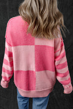 Pink Checkered Colorblock Striped High Low Loose Sweater