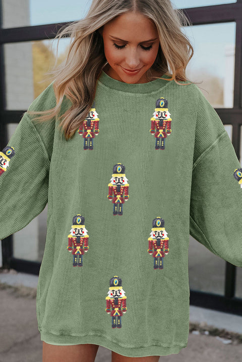 Grass Green Christmas Nutcracker Graphic Corded Pullover Sweatshirt