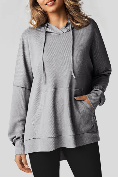 Gray Waffle Knit Fleece Lined High Low Oversized Hoodie