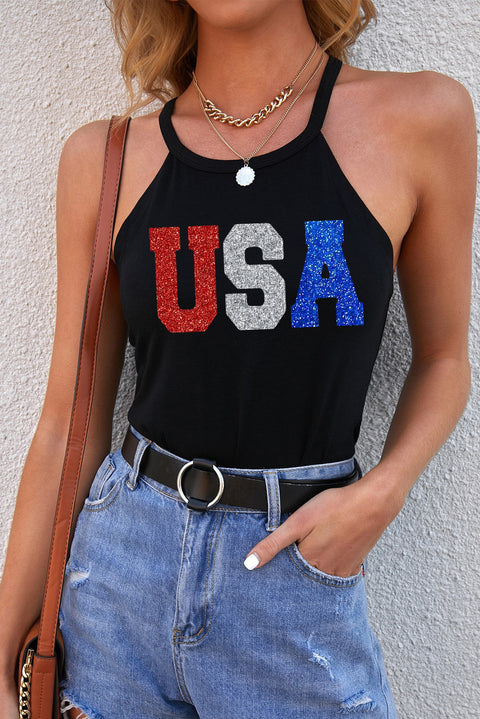 Black Glitter USA Letters Graphic Tank Top