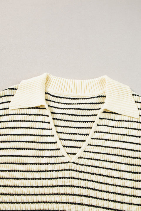 Beige Stripe Turn-down V Neck Sweater Tank Top