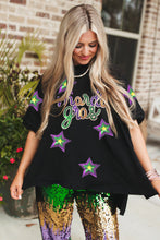 Black Sequin Stars mardi gras Lettering Oversize T Shirt