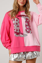 Pink Color Block Sequined Cowgirl Boots Graphic Sweatshirt