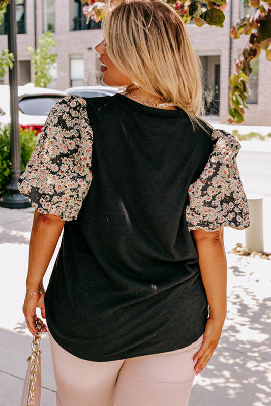 Black Daisy Printed Short Bubble Sleeve Plus Size Tunic Top