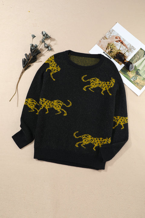 Black Cheetah Pattern Knit Round Neck Sweater