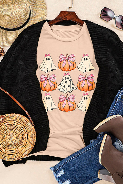 Khaki Bowknot Ghost Pumpkin Graphic Halloween T Shirt