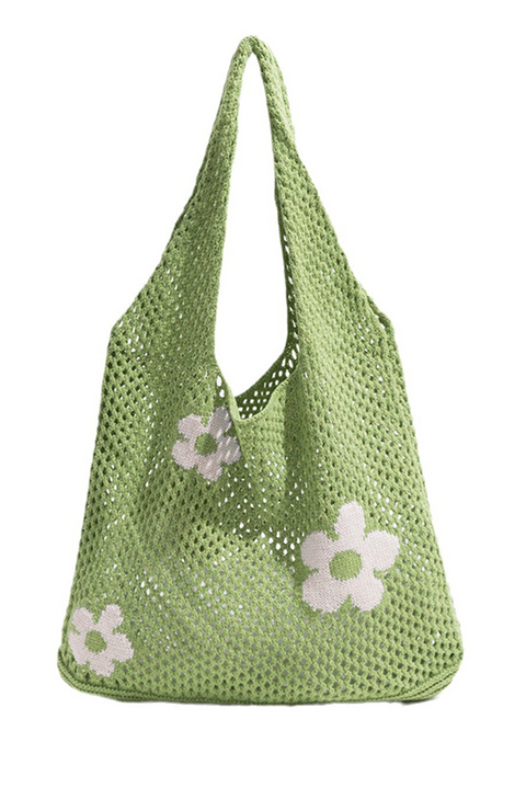 Spinach Green Flower Eyelet Crochet Large Single Shoulder Bag