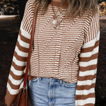 Brown Stripe Geometric Textured Drop Shoulder Sweater