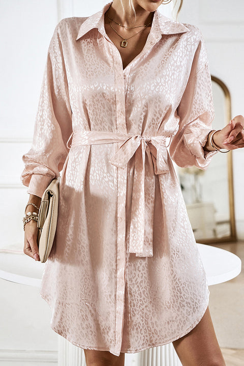 Apricot Sleek Leopard Long Sleeve Tie Waist Shirt Dress