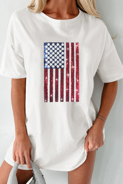 White Sequined American Flag Crewneck Oversized Tee