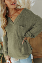 Waffle Knit Split Neck Pocketed Loose Top