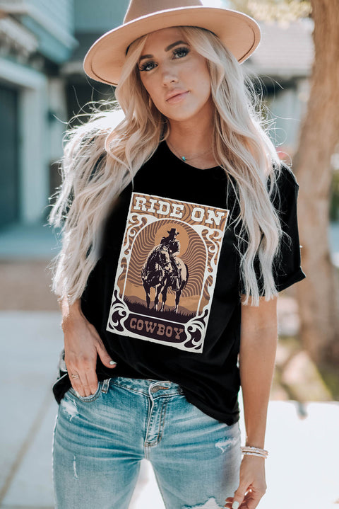 Black RIDE ON COWBOY Graphic Western Tee