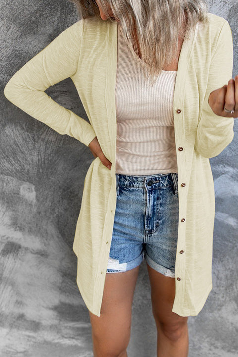 Beige Solid Color Open-Front Buttons Cardigan