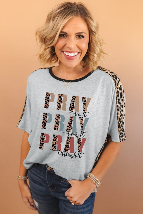 Gray PRAY Slogan Contrast Leopard Dolman Loose T Shirt