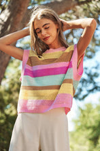 Pink Stripe Crochet Cap Sleeve Loose Fit Sweater T Shirt